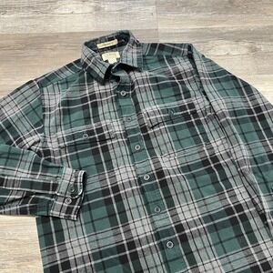 LL Bean Flannel Shirt Button Gray Green Plaid Men MT Traditional Fit Chamois